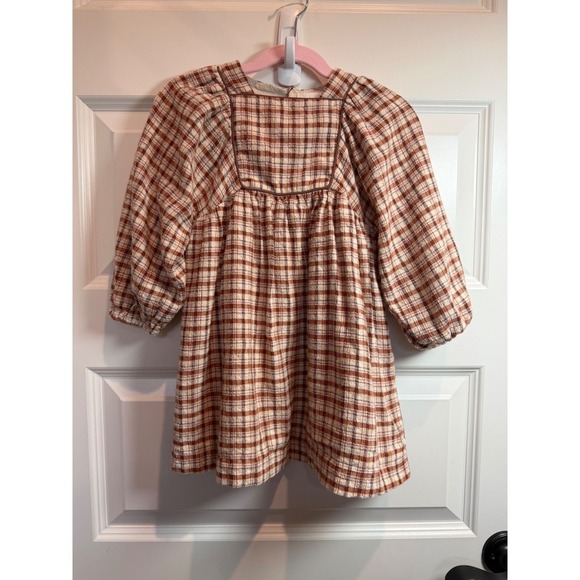 Zara Other - Zara Kids Girls Brown Plaid Textured Babydoll Dress Square Neck 4 Years 104cm
